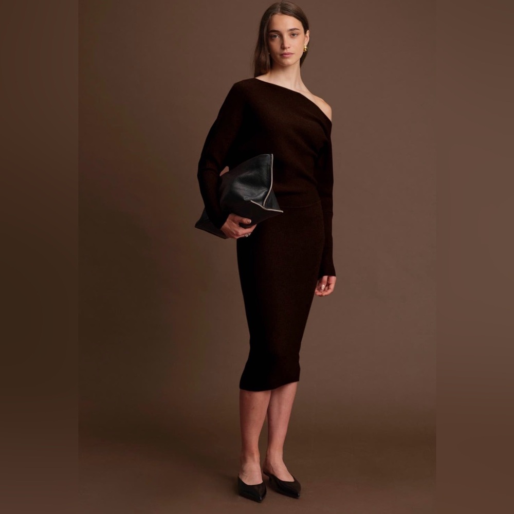 Deluc Elijah One Shoulder Long Sleeve Knit Midi Dress Brown NWT Size S